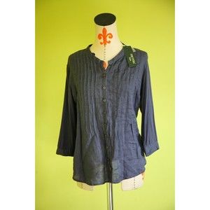 NWT $68 Forsynthia Petite S Navy Blue Linen Tunic Blouse V-Neck 3/4 Sleeve